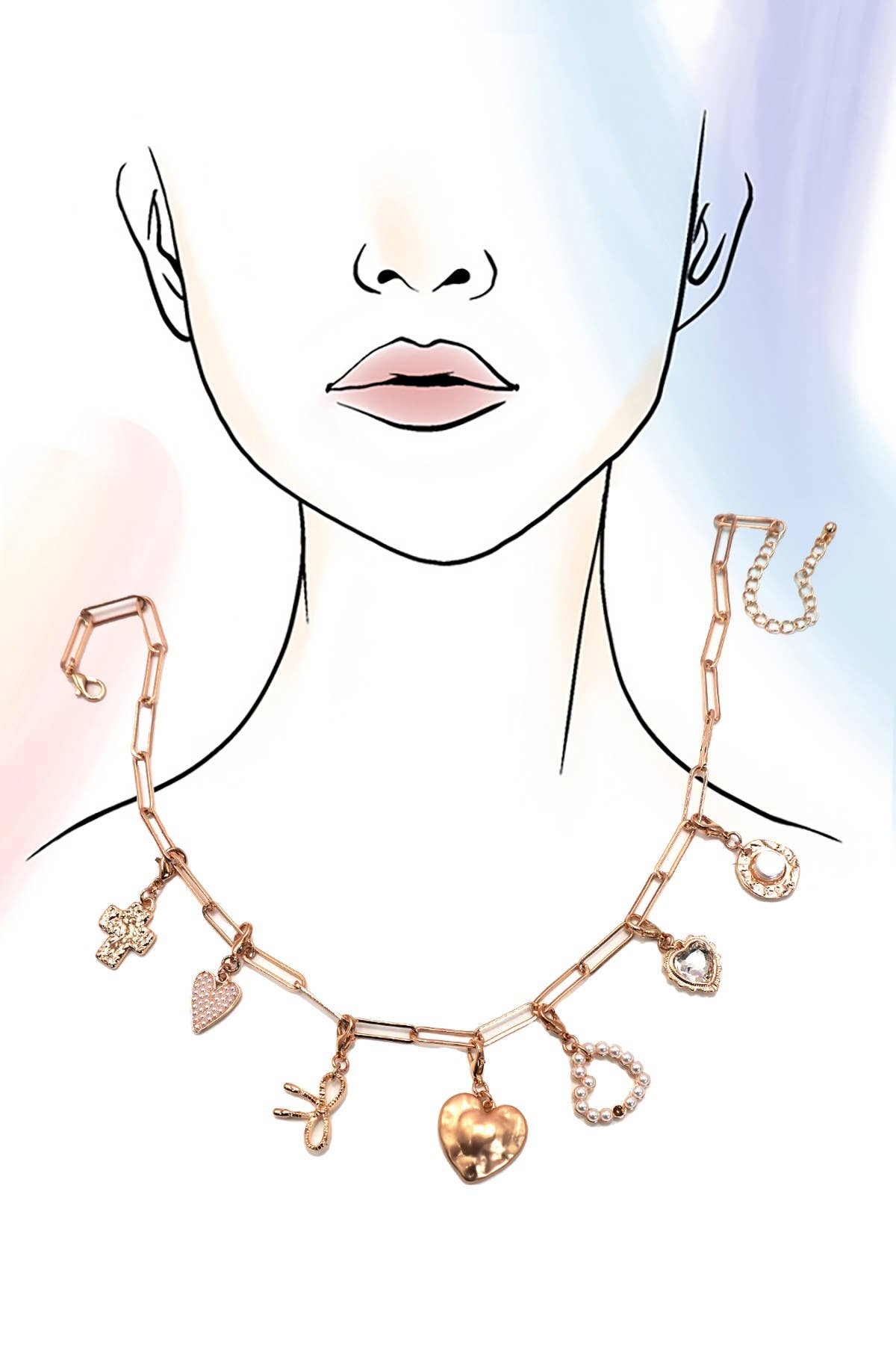 Bow Heart Multi Charm Necklace