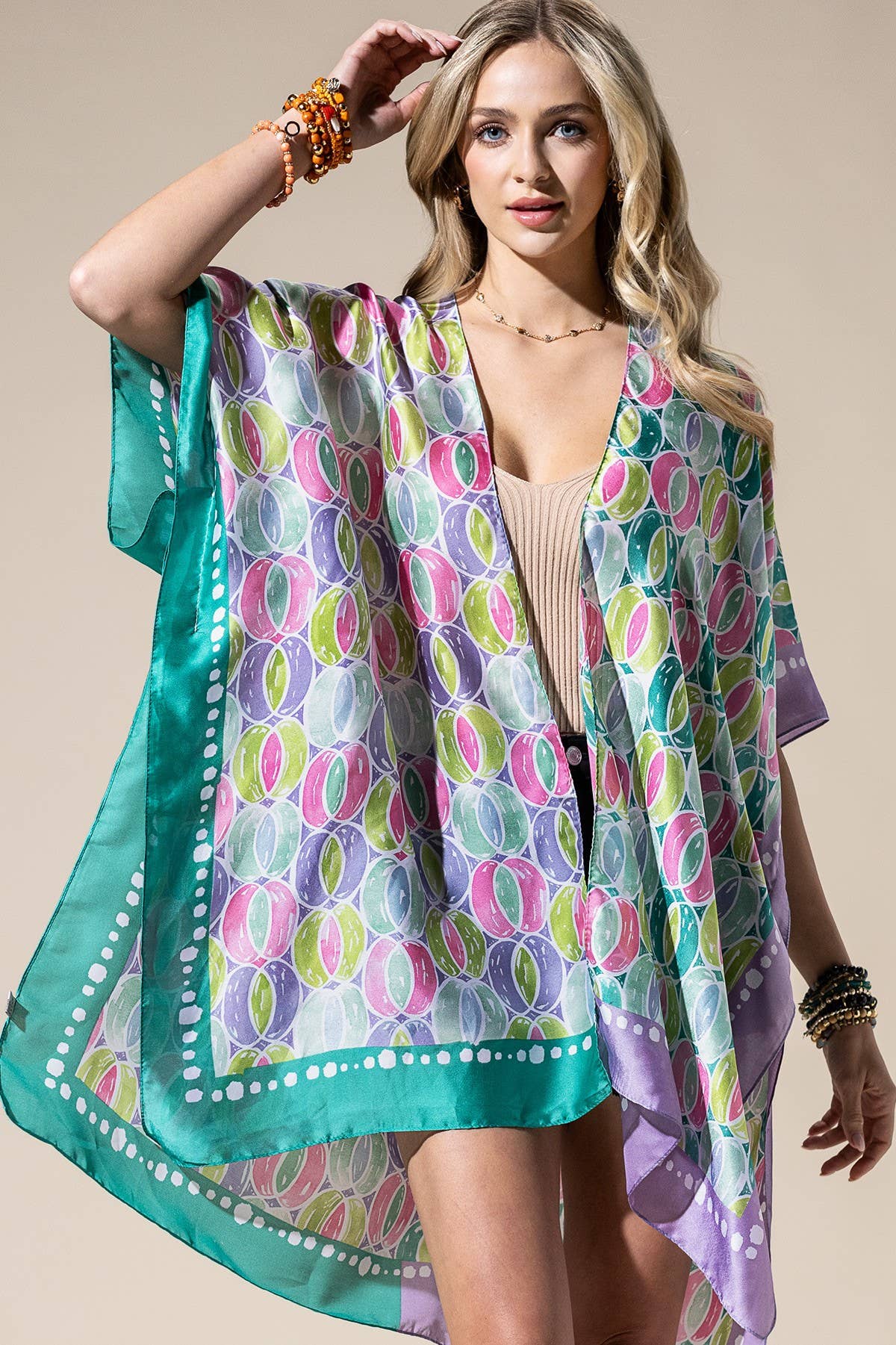Two-Tone Trim Abstract Print Silky Feel Kimono