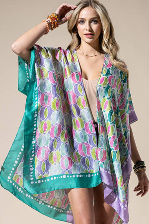 Two-Tone Trim Abstract Print Silky Feel Kimono