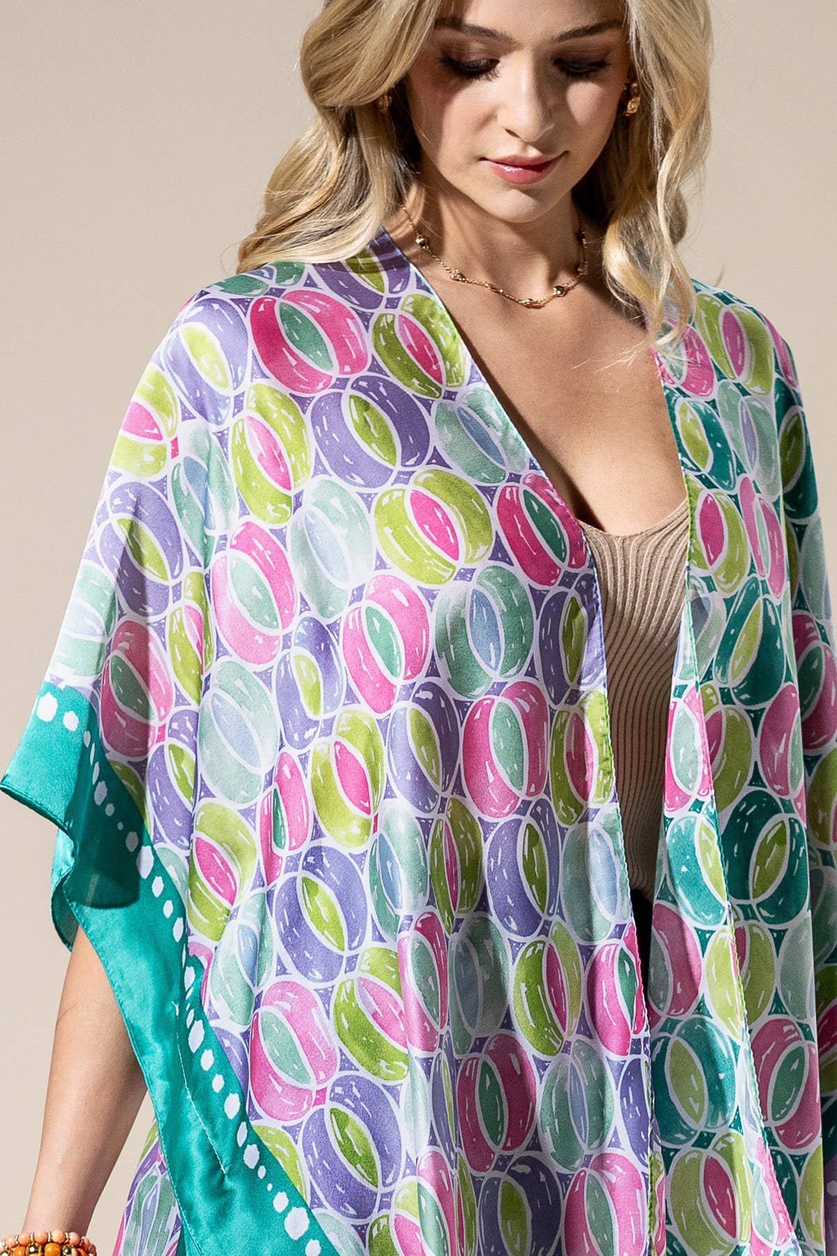 Two-Tone Trim Abstract Print Silky Feel Kimono