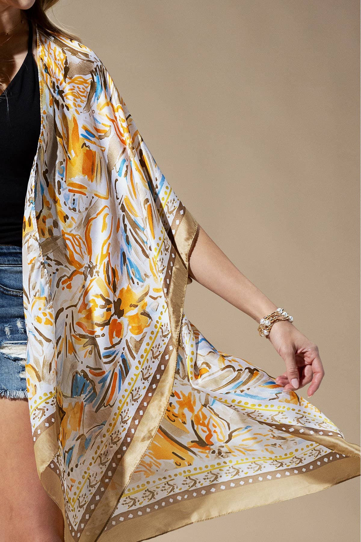 Flowing Silky Feel Kimono with Flower Print