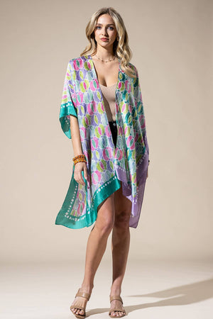 Two-Tone Trim Abstract Print Silky Feel Kimono