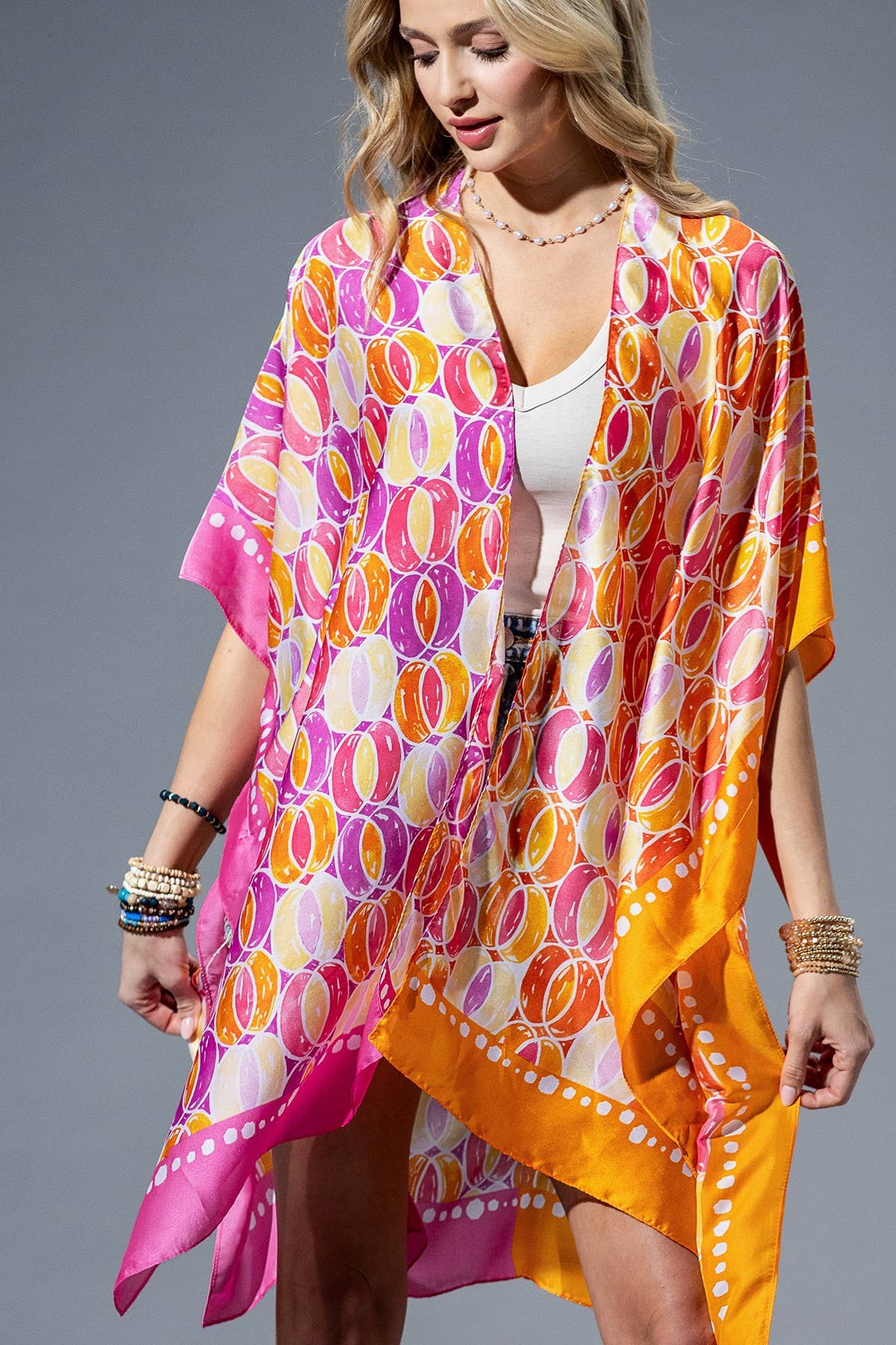 Two-Tone Trim Abstract Print Silky Feel Kimono