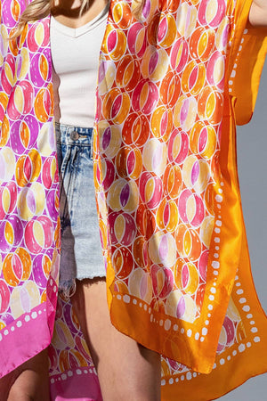Two-Tone Trim Abstract Print Silky Feel Kimono