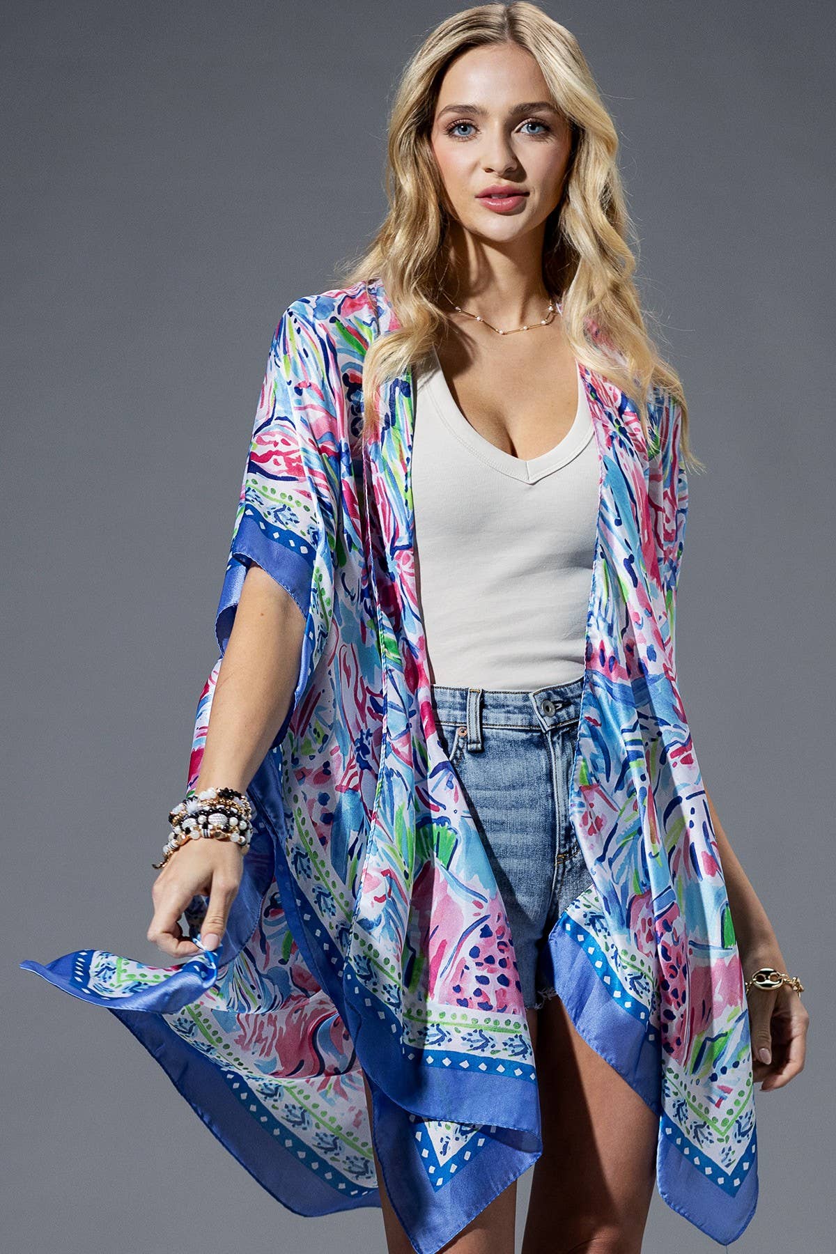 Flowing Silky Feel Kimono with Flower Print