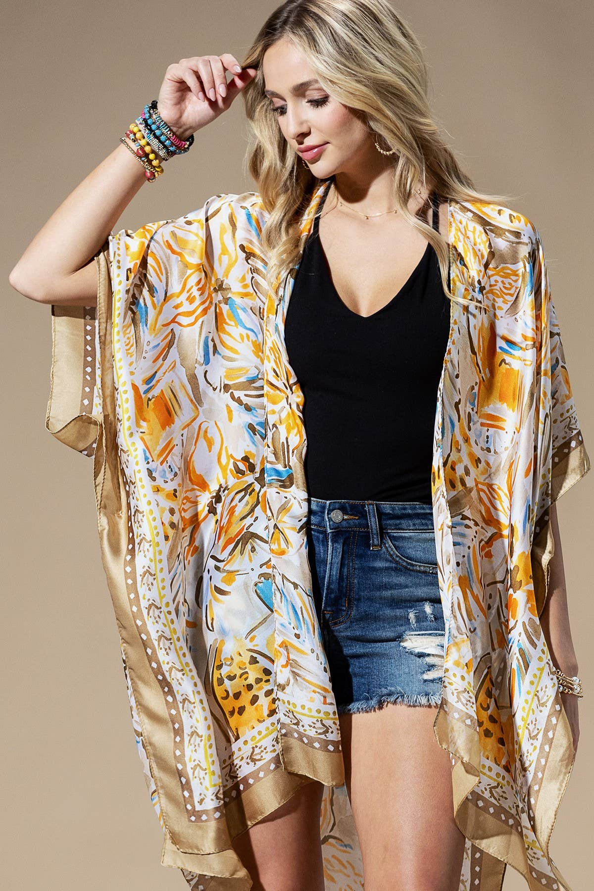 Flowing Silky Feel Kimono with Flower Print