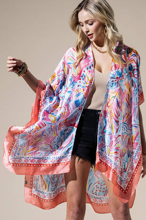 Flowing Silky Feel Kimono with Flower Print
